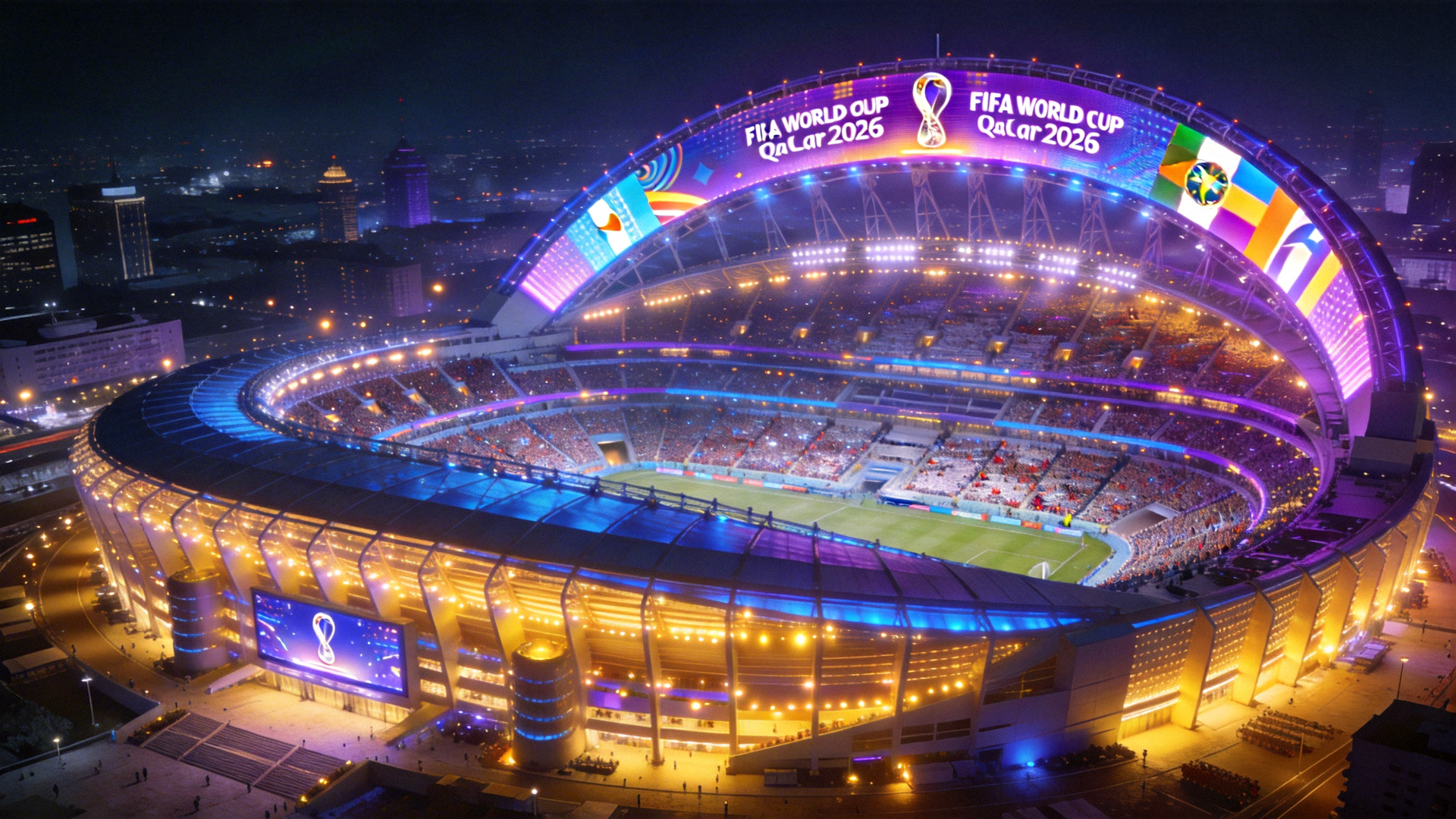 2026年国际足联世界杯主体育场宏伟夜景，灯光璀璨，座无虚席